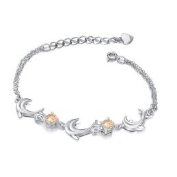 高品質の女性用イルカ型プラチナメッキチタンブレスレット（ダイヤモンド付き）
