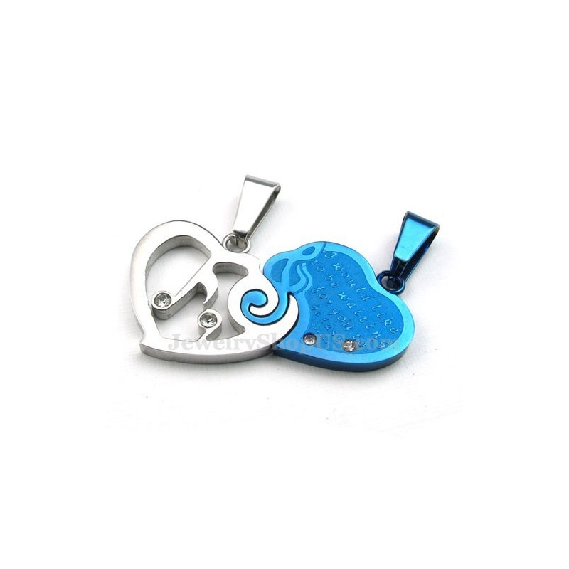 ブルー＆シルバーチタンカップルハートペンダントネックレス（チェーン無料）（1ペア）