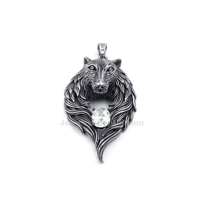 ホワイトジルコンチタンウルフペンダントネックレス（フリーチェーン）