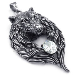 ホワイトジルコンチタンウルフペンダントネックレス（フリーチェーン）