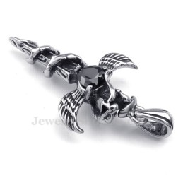 ブラックジルコンソードウィングスチタンクロスペンダントネックレス（チェーン無料）