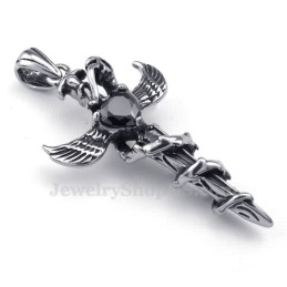 ブラックジルコンソードウィングスチタンクロスペンダントネックレス（チェーン無料）