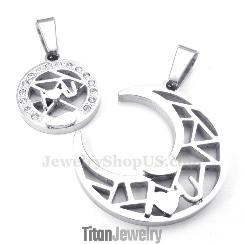 チタンシルバー 月と星 カップルペンダントネックレス（チェーン無料）（1ペア）