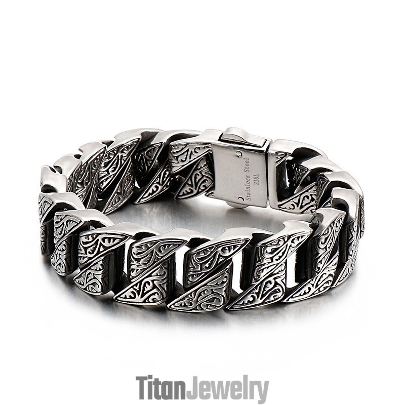 クールな個性的なレトロ花柄チタンブレスレット（メンズ）