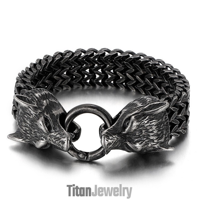 シックでヒップなチタン製ウルフヘッドブレスレット