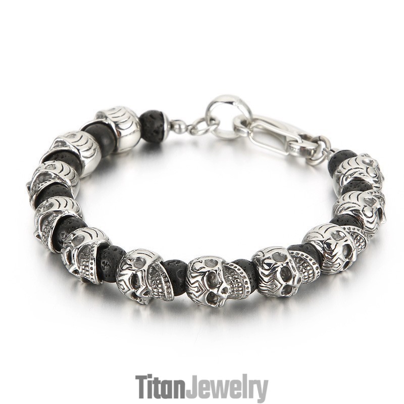 チタンスカルブレスレット タイガーアイ 火山石 メンズブレスレット ブレスレット