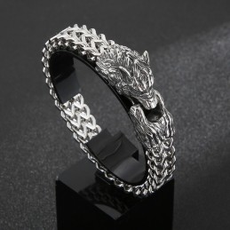 クールなウルフヘッドダブルキャストチタンブレスレット（メンズ）