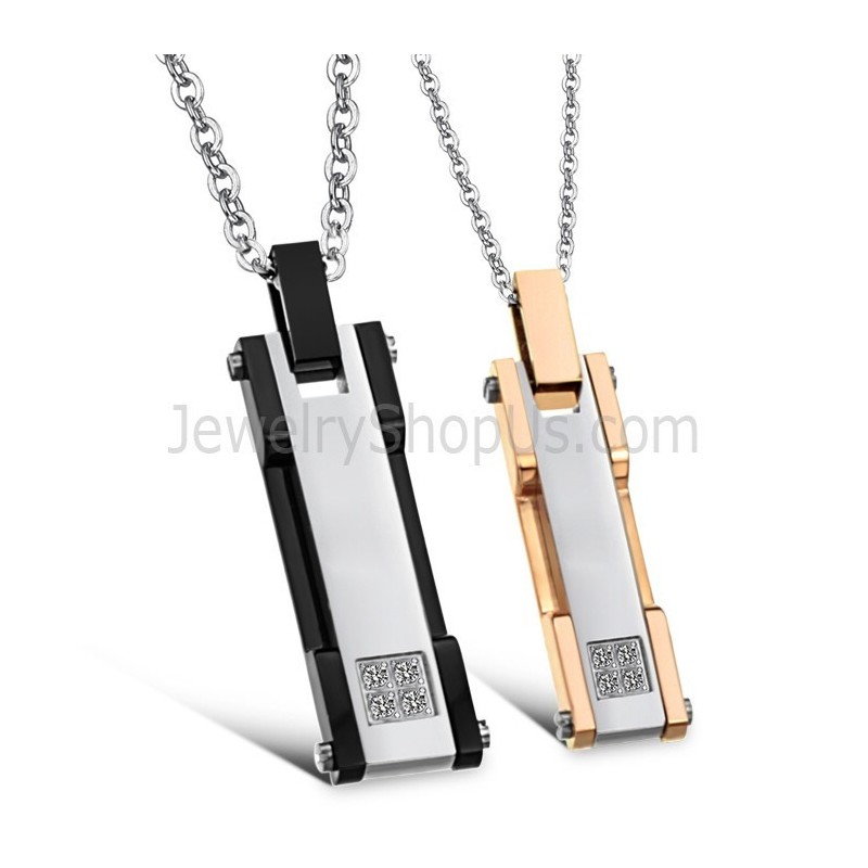 チタン製ローズゴールド＆ブラック長方形ラバーペンダント（ラインストーン＆フリーチェーン付き）C362