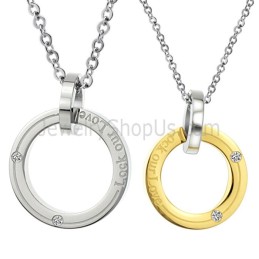 チタンシルバー＆ゴールドリング「Lock Our Love」ダイヤモンドとフリーチェーン付き恋人ペンダント C350