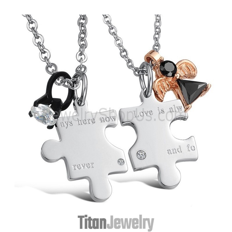 チタンシルバー「愛はいつもここにそして永遠に」ラインストーンとフリーチェーン付き恋人ペンダント C608