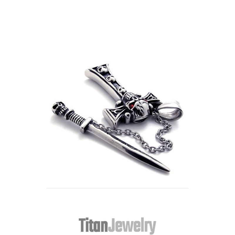 レッドダイヤモンドダガー付きスカルチタンクロスペンダント