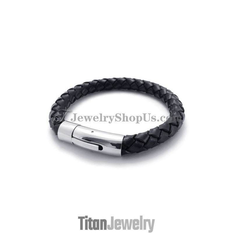 ファッションなブラックレザーとチタンのブレスレット